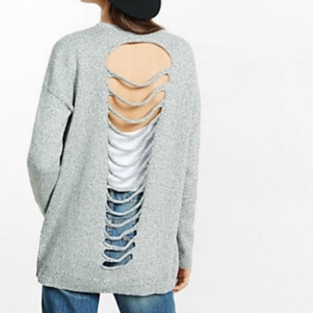 Express Slashed Back Knit Cardigan - Gray